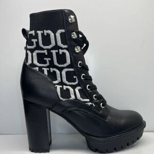 GUESS Ankle Boots Knit Logo Platform Black White WOMENS SIZE 11M